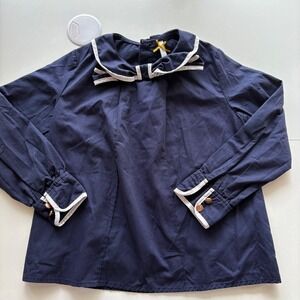 Kidichic Long Sleeve Blouse Kids Size 8 Navy Blue Peter Pan Collar Bow Detail